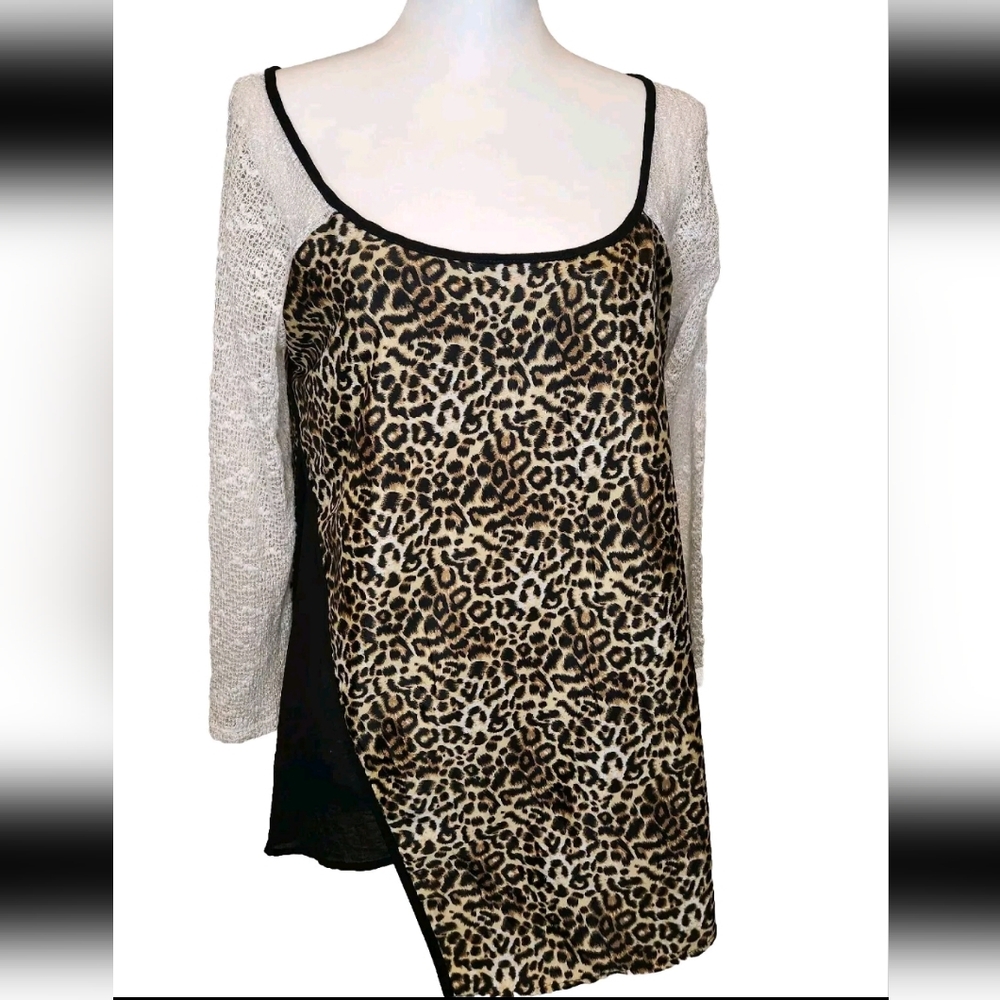 Poeme Leopard Asymmetrical Layered Tunic Top Shirt Long Sleeve Womans Sz M